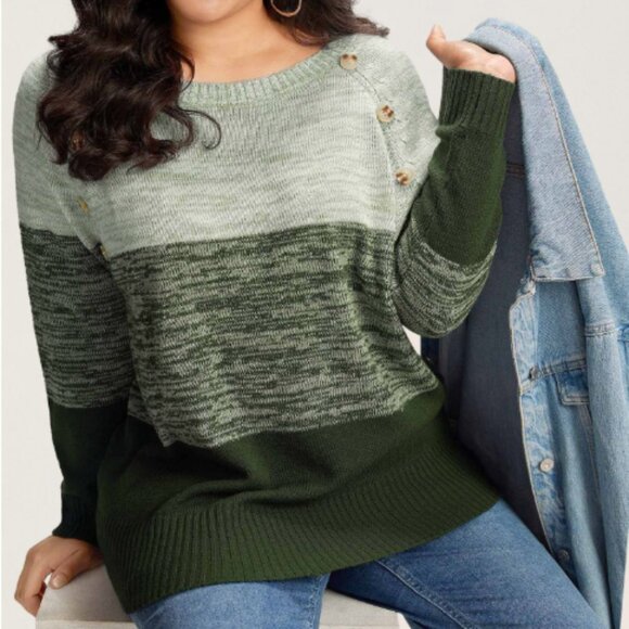 BloomChic Plus Size XL Colorblock Contrast Heather Button Detail Pullover - Picture 4 of 5